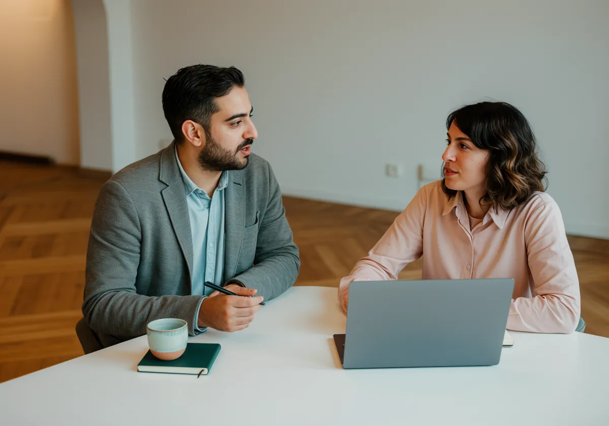 Sessão de coaching com caderno e diálogo